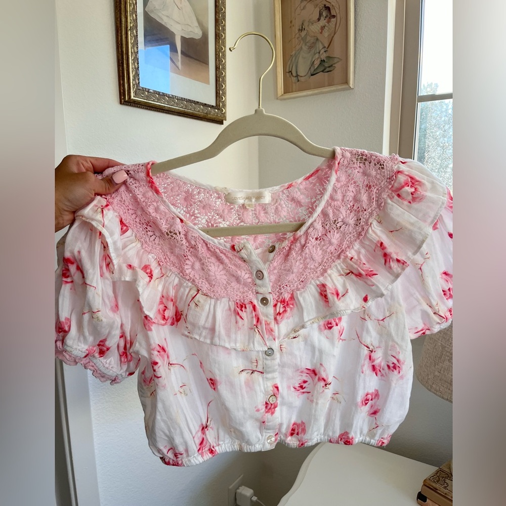 LoveShackFancy Floral Lace Trim Blouse - Pink